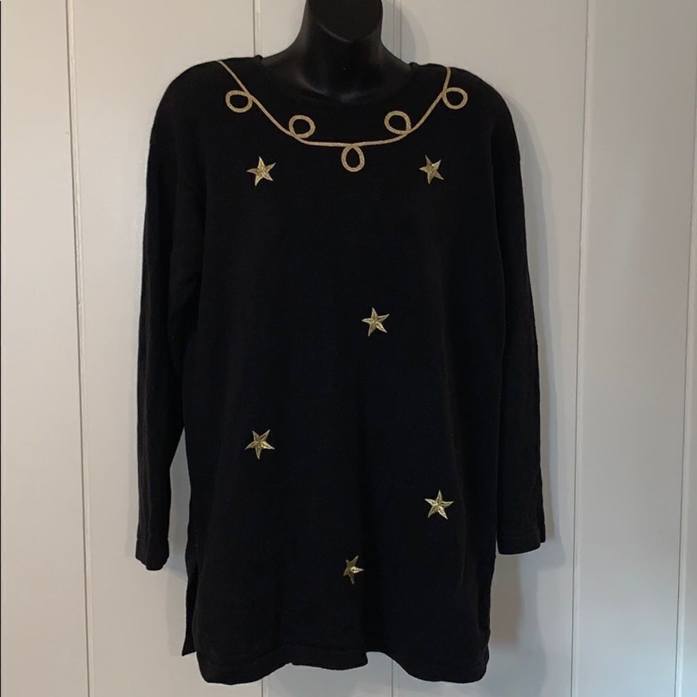 Vtg Leslie Fay long black sweater/gold embroidery